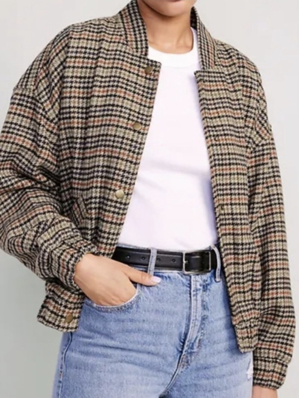 Old Navy Womens Houndstooth Bomber Jacket Coat Dark Academia Quiet Luxury 2X